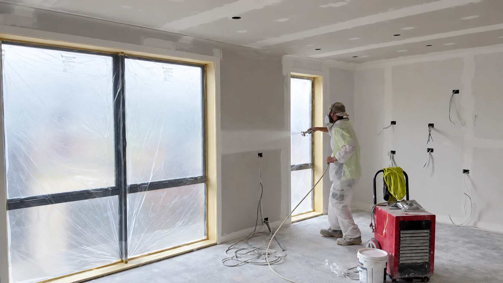AI-enhanced client photo of a GDPD painter wearing a mask and full protective overalls while spraying an interior