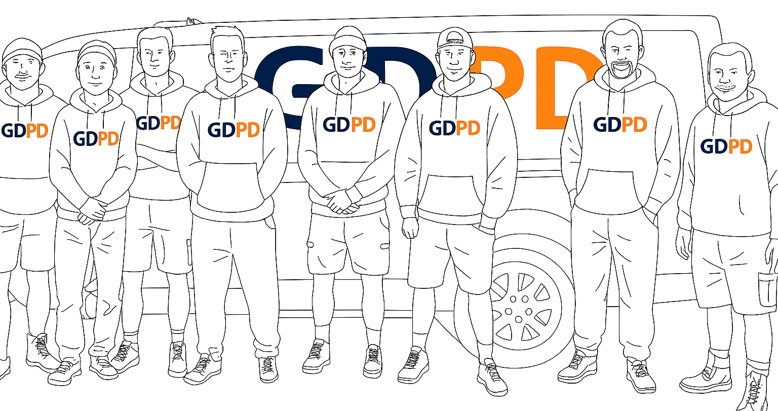 Illustration of the GDPD team in branded clothing, standing in front of their van